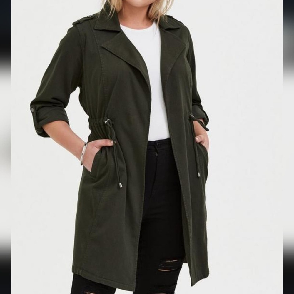 Torrid Twill Drapey Open Front Darker Green Trench Coat Jacket Size Large